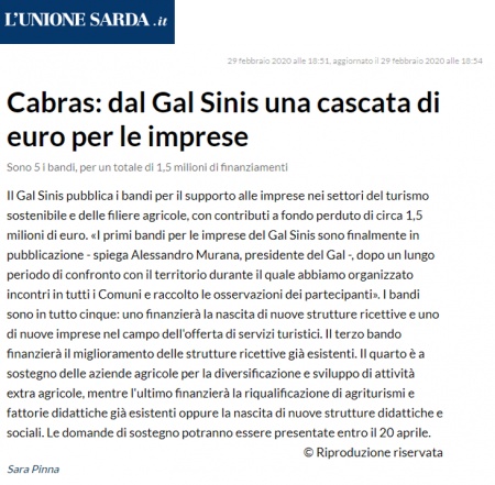 L'Unione Sarda | Cabras: dal Gal Sinis una cascata di euro per le imprese