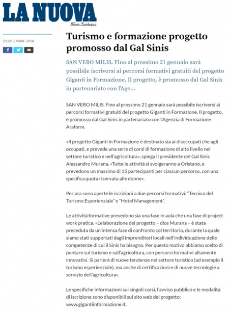 La Nuova Sardegna | Turismo e formazione progetto promosso dal Gal Sinis