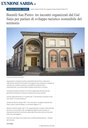L'Unione Sarda | Baratili San Pietro: tre incontri organizzati dal Gal Sinis per parlare di sviluppo turistico sostenibile del territorio