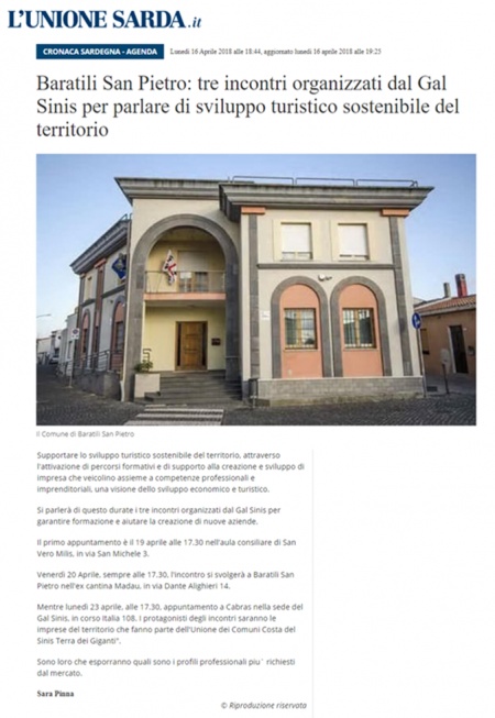 L'Unione Sarda | Baratili San Pietro: tre incontri organizzati dal Gal Sinis per parlare di sviluppo turistico sostenibile del territorio
