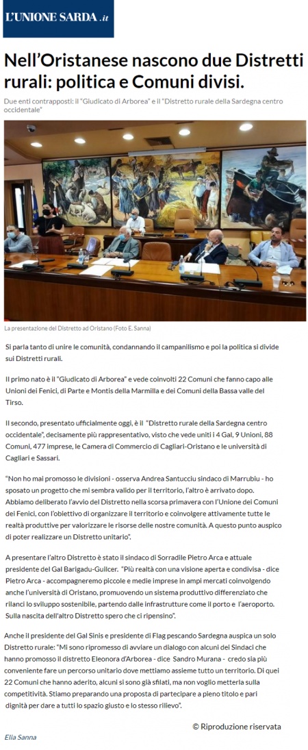 L'Unione Sarda | Nell’Oristanese nascono due Distretti rurali: politica e Comuni divisi